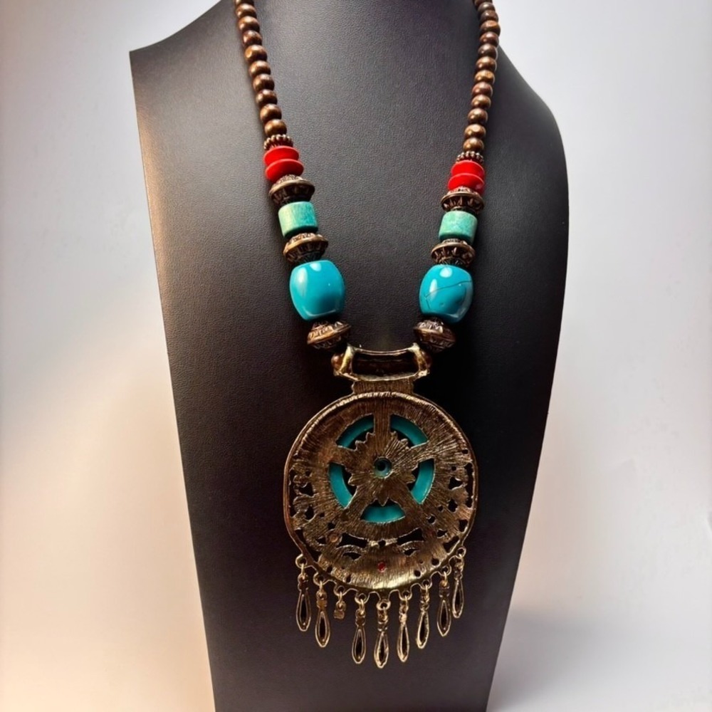 Chunky Vintage Necklace Wood Beads Boho Chunky Blue Resin Pendant - Picture 8 of 10